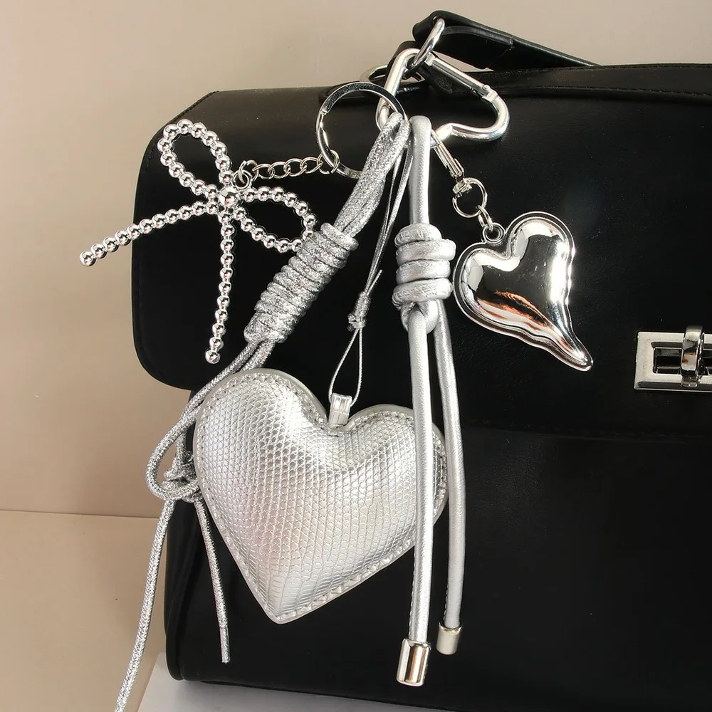 Silver Heart Bag Charm Multi Charm Keychain Beaded Bow Layered Hanging Purse Accessory For Handbag Tote Bag Women Fashion Gift