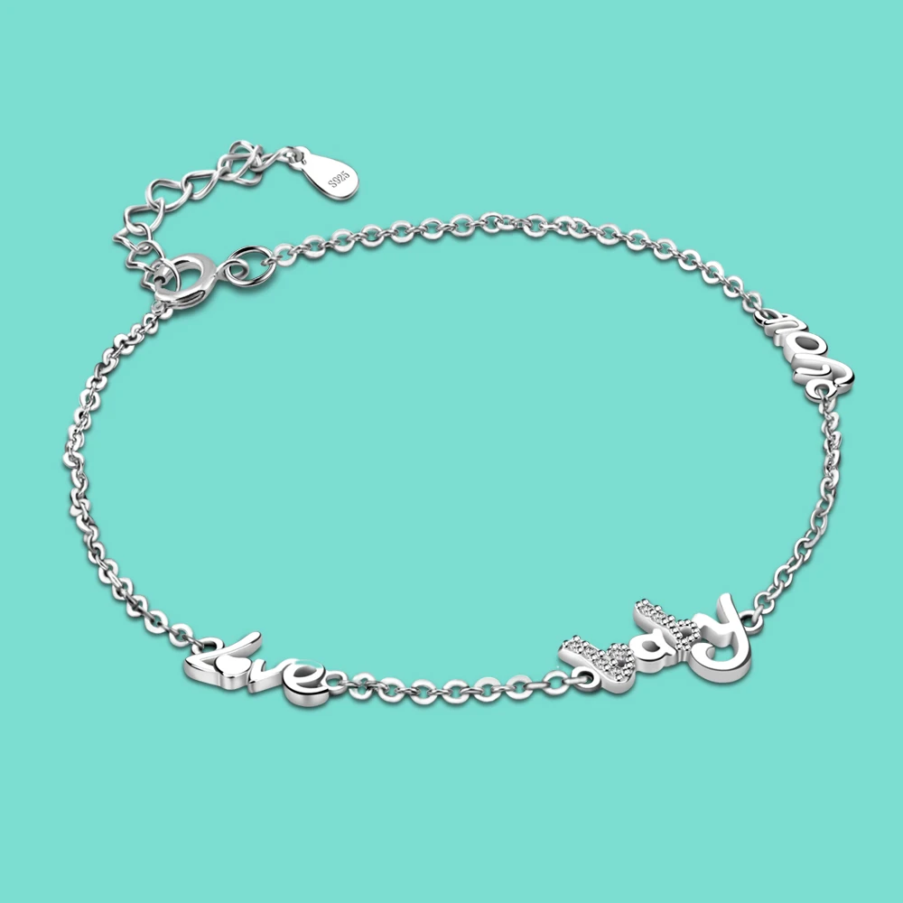 New 925 Sterling Silver Bracelets Love Letter Inlaid Zirconia Creative Chain Charm Bracelet For Women Youth Girl Jewelry Gift