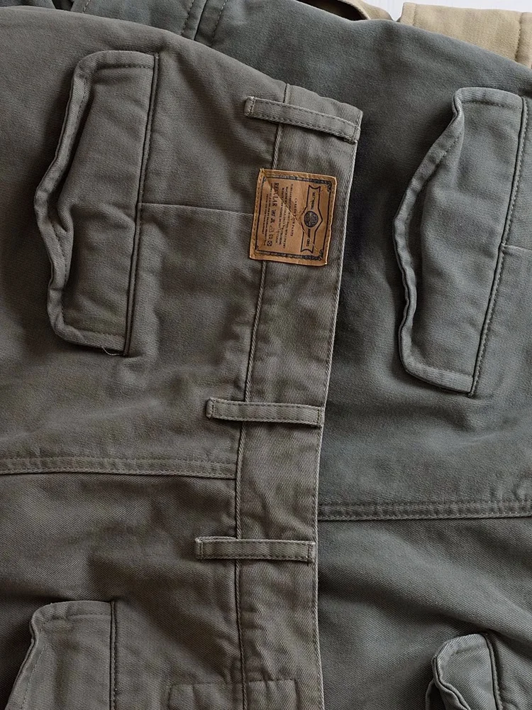Retro Style Heavy Weight Men's Thicken Casual Pants Cotton Solid Color Multi-Pockets Loose Cargo Pants Outdoor Hiking Pants