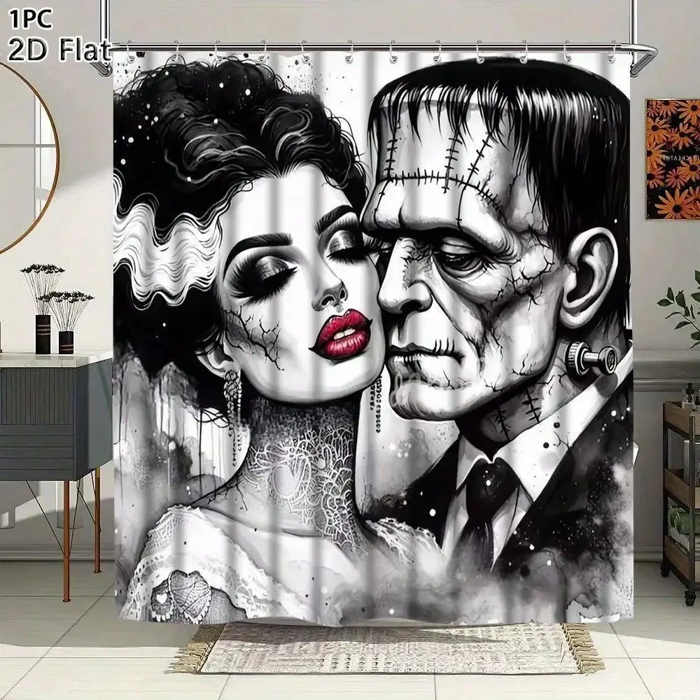 1 Gothic Vampire Bride Shower Curtain for Bathroom, Horror Bathtub Curtain with 12 Hooks, Machine Washable, Vampire Couple Design Bathtub Decor, Great for Halloween And Christmas Gifts, Abs