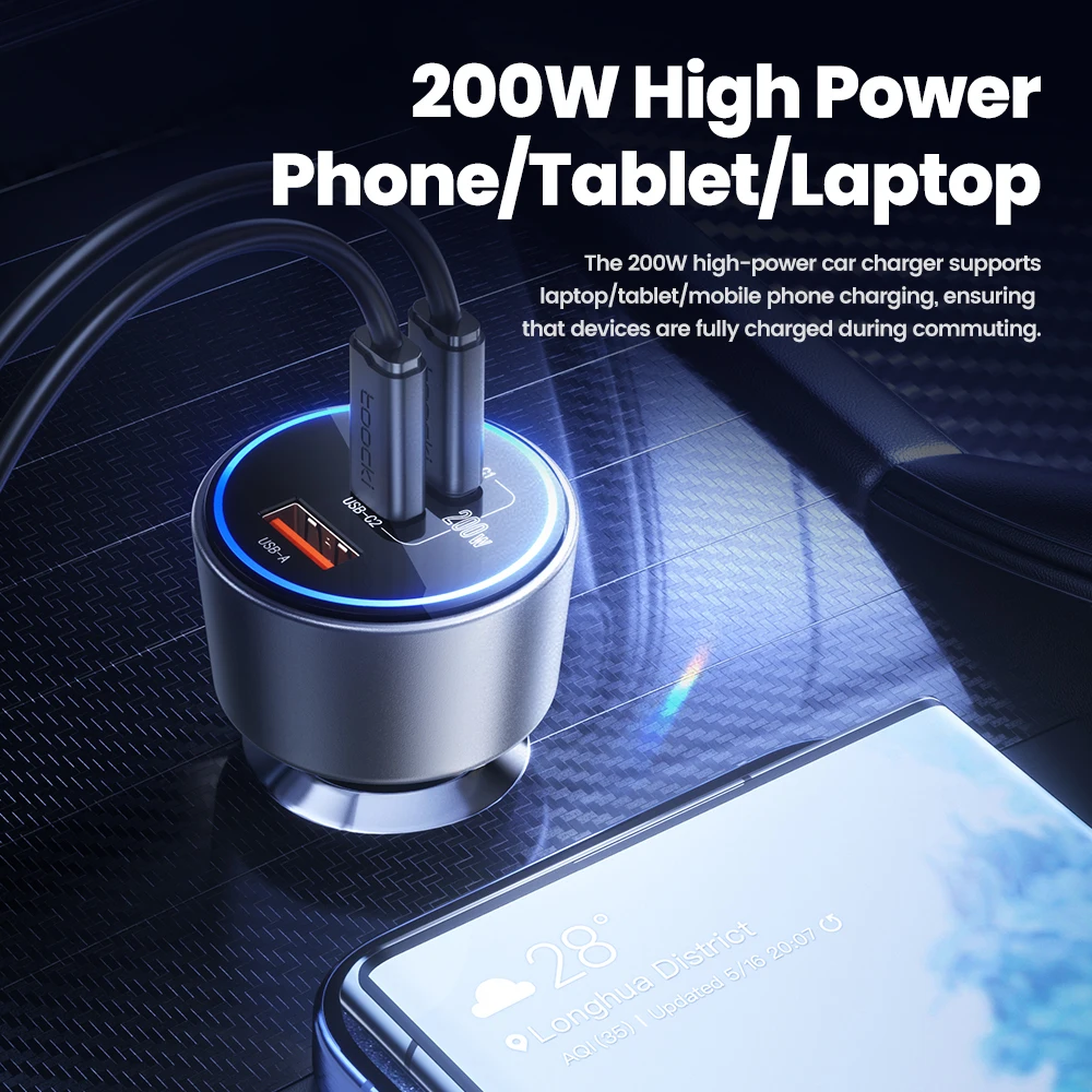 Toocki 200W Car Charger Quick Charge 4.0 PPS PD Fast Charging USB C Car Phone Charger for Macbook iPhone 15 14 Samsung image 4