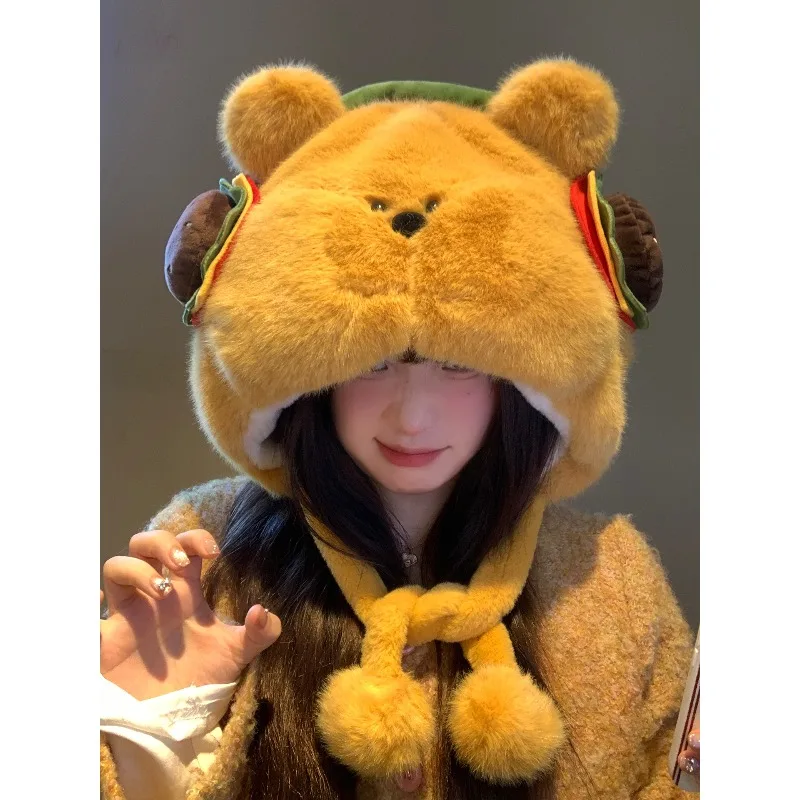 الخريف الشتاء تأثيري لطيف همبرغر الدب أفخم قبعة يندبروف بونيه الكرتون قبعة دافئة للنساء الفتيات كرنفال هدايا الحفلات