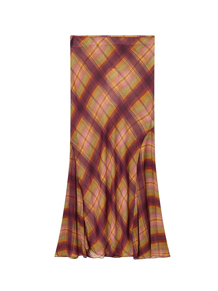 

Women High Waist Skirts 2025 Women Autumn New Fashion Asymmetrical Wrinkle Hem Checkered Print Skirts Women Elegant Print Skirts