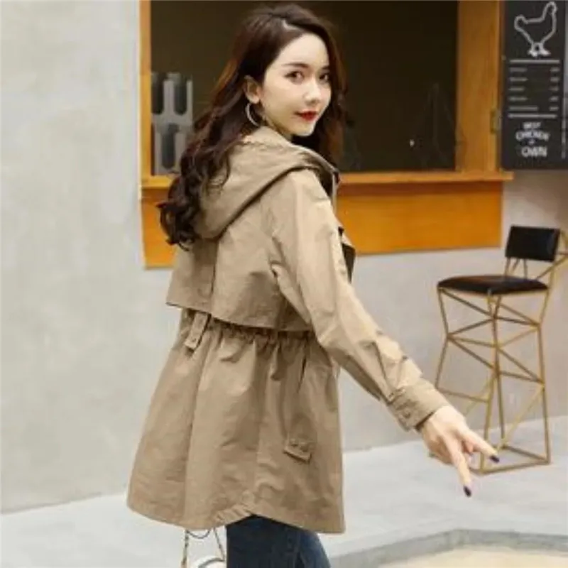 Autumn Hooded Adjustable Waist Jacket Women Korean Fashion Mid-Length Windbreaker Coat Female Casual Zipper Loose Overcoat W196