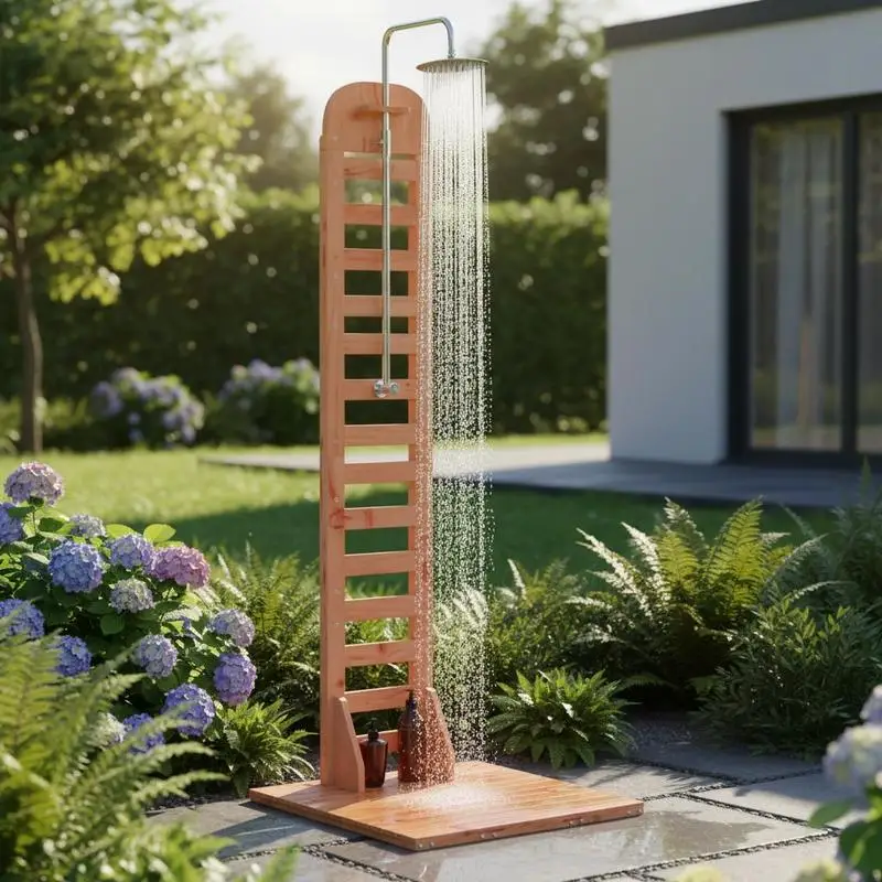 Douche extérieure autoportante de 223 cm en bois Douglas massif avec quincaillerie en acier inoxydable, finition naturelle, résistante aux intempéries, pour piscine, jardin, patio, douche extérieure en bois, douche en bois Douglas, bain extérieur estival, accessoire de piscine de jardin