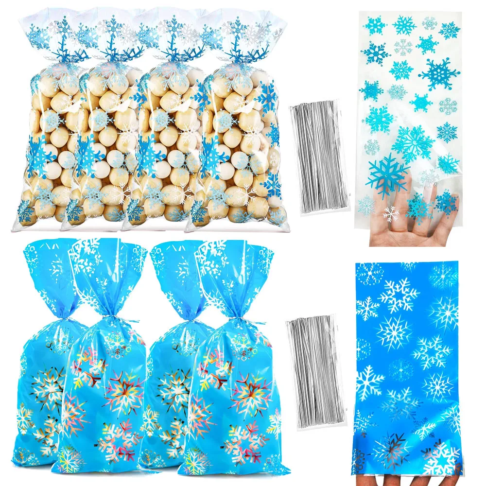 Christmas Cellophane Bags Snowflake Treat Bags Blue Plastic Candy Goodie Bags Winter Xmas Birthday Holiday Party Favors Supplies