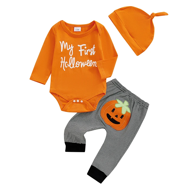 

Newborn Infant Baby Boy My 1st Halloween Outfit Letter Pumpkin Long Sleeve Romper Pants Hat 3Pcs Clothes Set