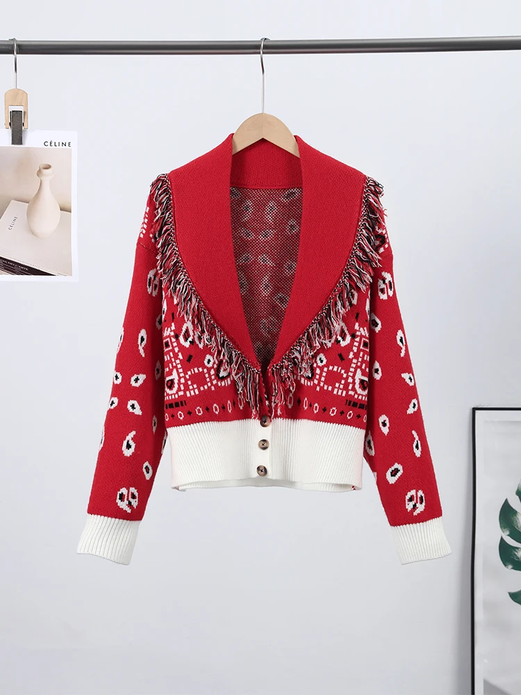 

2026 весенние женские вязаные жаккардовые кардиганы с кисточками, однобортный свитер с v-образным вырезом и длинными рукавами, осень-зима 202, универсальный топ
