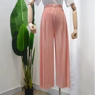Slimming Ice Silk Pleated Wide Leg Pants Elastic Waist Thin Sle Casual Yoga Trousers Polyester Fiber Commute Sle Loose Fit