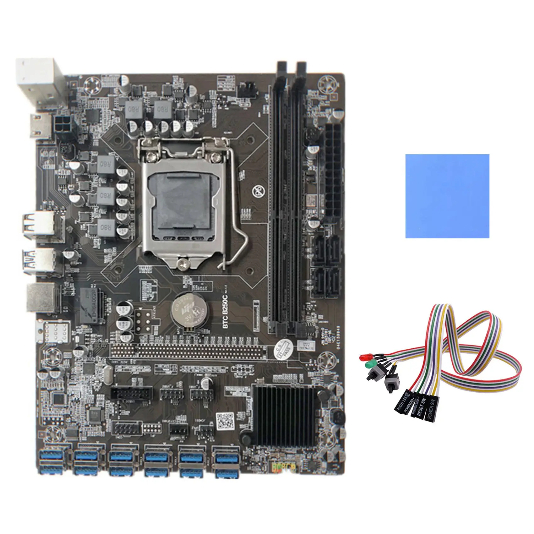 

B250C Miner Motherboard+Dual Switch Cable with Light+Thermal Pad 12 PCIE to USB3.0 Graphics Card Slot LGA1151 DDR4