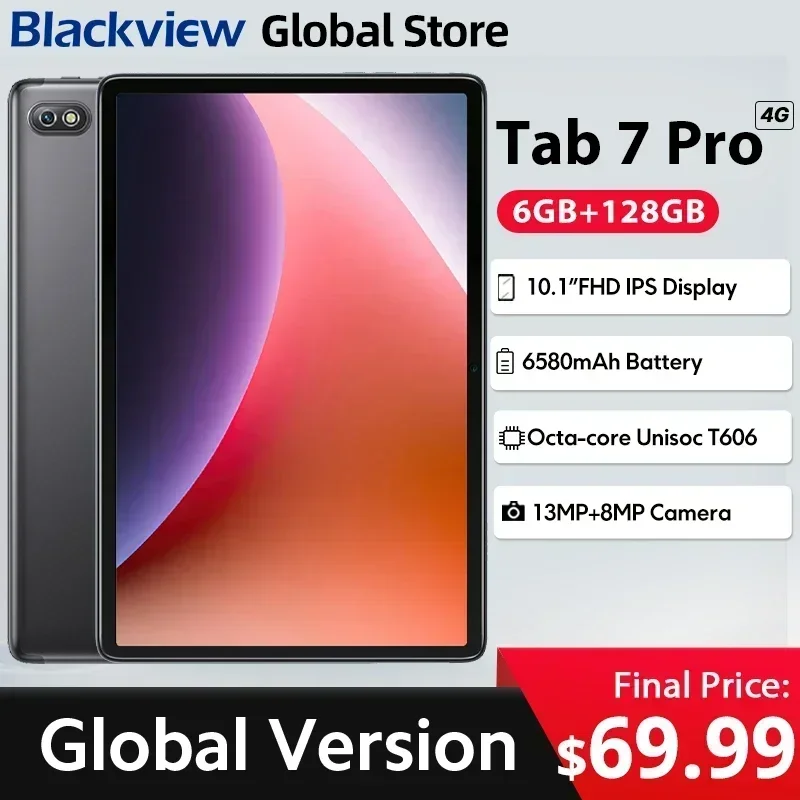 

Blackview Tab 7 pro Планшет 10,1'' FHD Дисплей 6 ГБ 128 ГБ 4G 13 МП Камера 6580 мАч GPS Unisoc T606 Android 12 Планшеты Pad PC