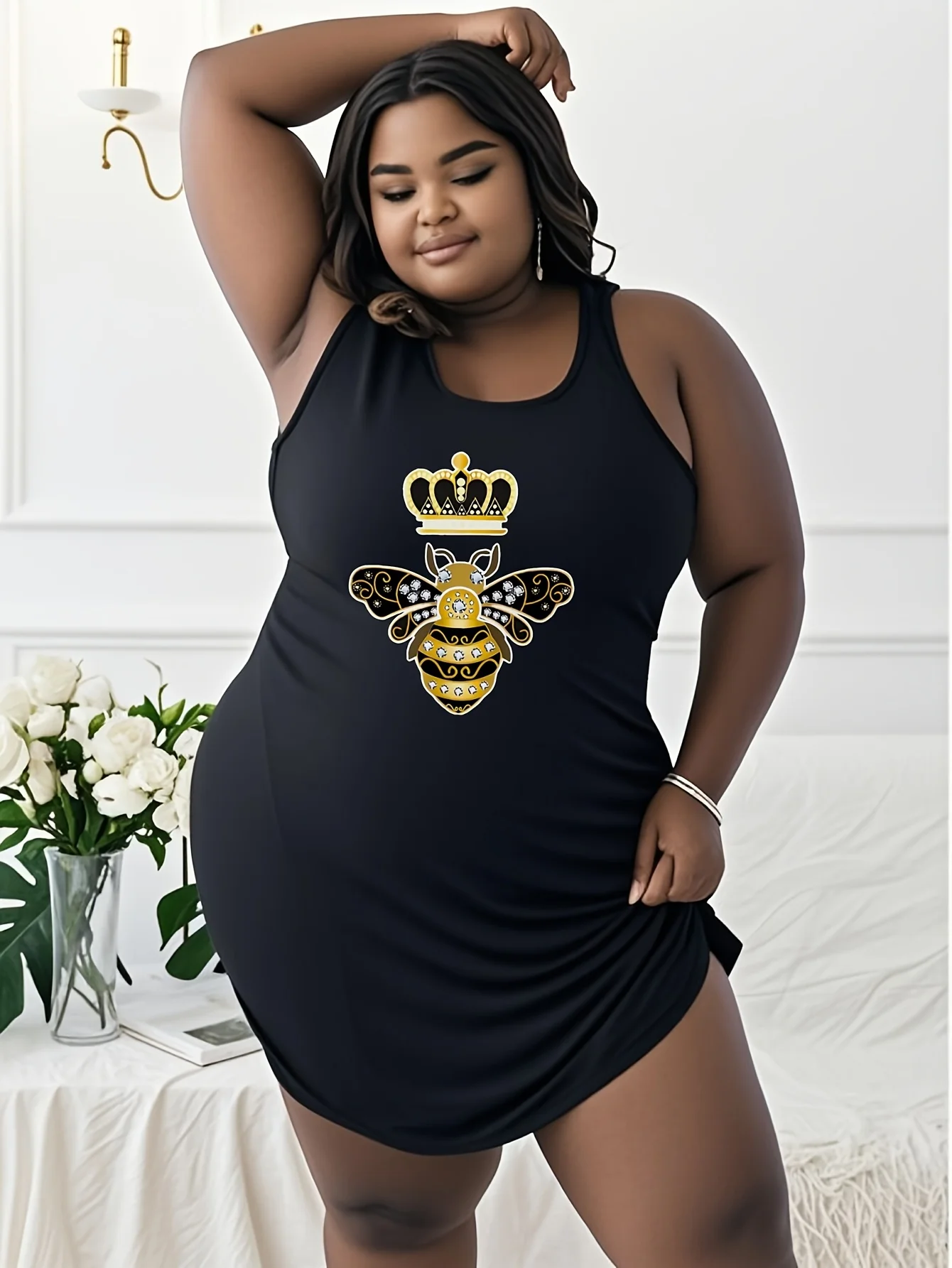 

Lady Summer plus size Bee With Crown And Diamonds printed t shirt dress Bee With Crown And Diamonds