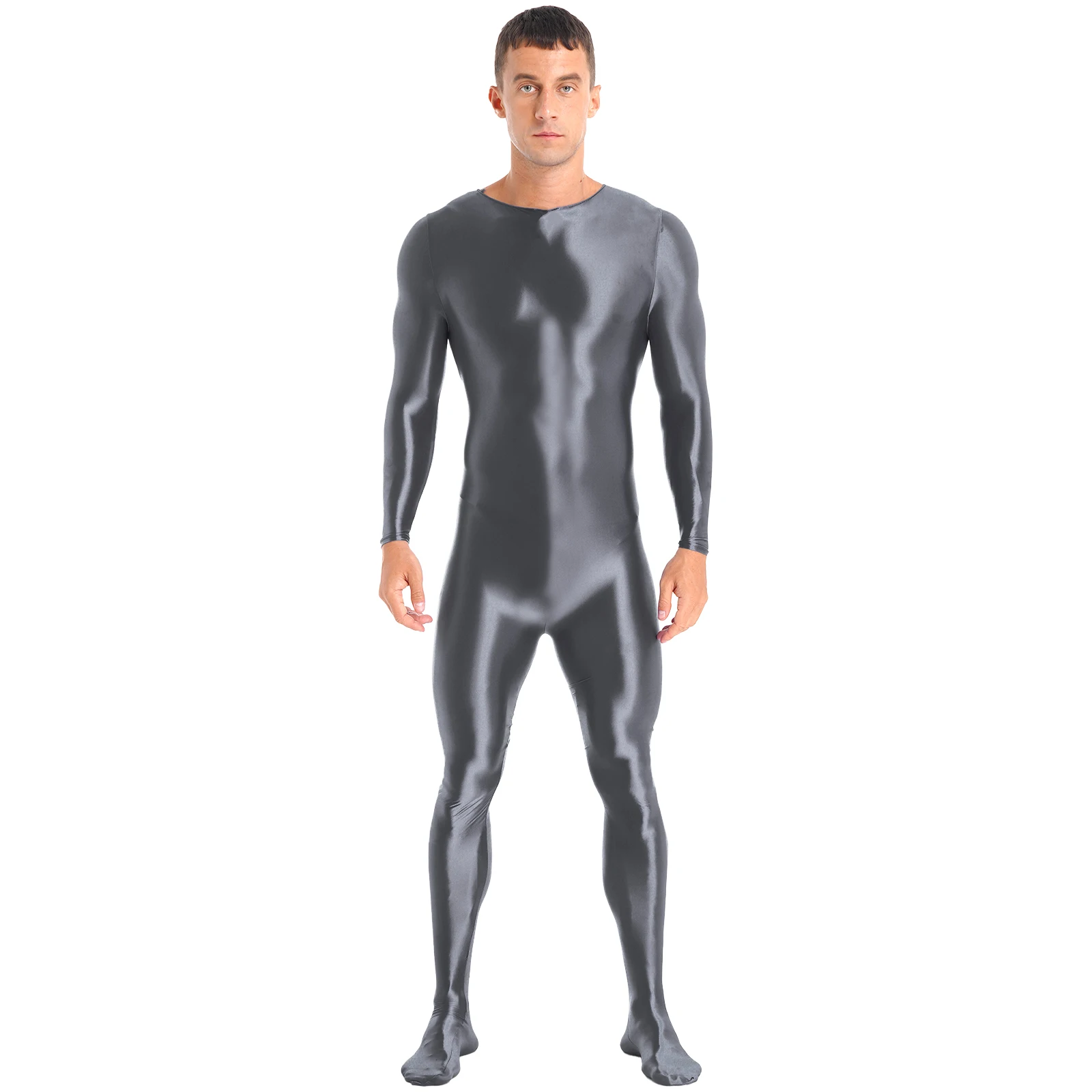 Mens Back Zipper Bodystocking Glossy Solid Color Long Sleeve Gymnastics Jumpsuit Leotard for Yoga Fitness Gym Workout Bodysuit