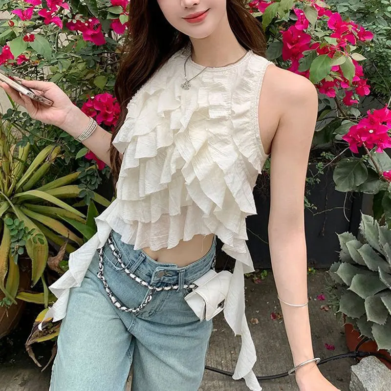 Stylish Ruffles Spliced Irregular Blouse Summer Slim Sleeveless Women\'s Clothing Korean Solid Color Hotsweet Asymmetrical Shirt