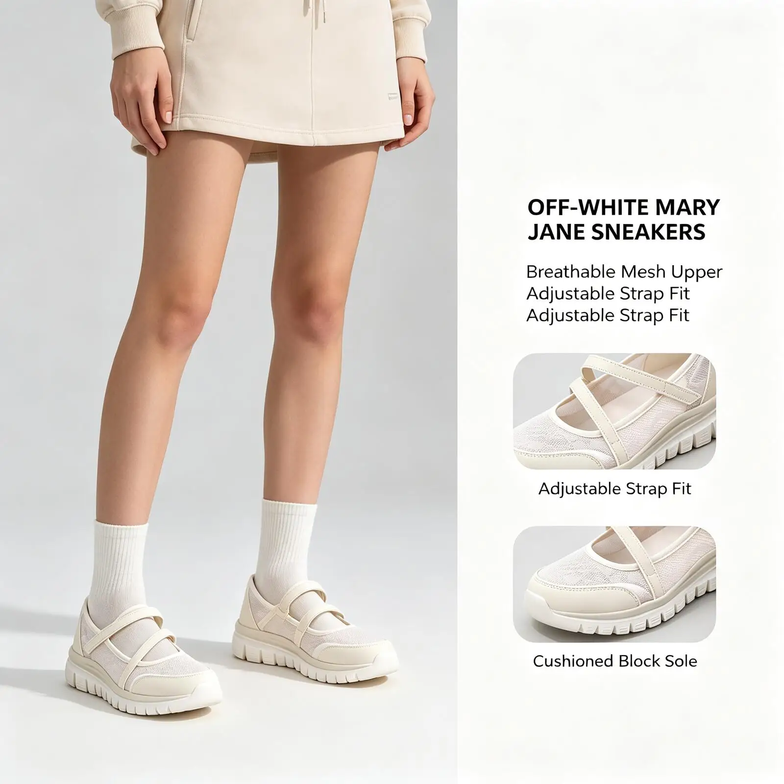 Skechers Off-White Mary Jane Sneakers Breathable Mesh Upper Adjustable Strap Cushioned Block Sole Lightweight Casual Sport Shoes