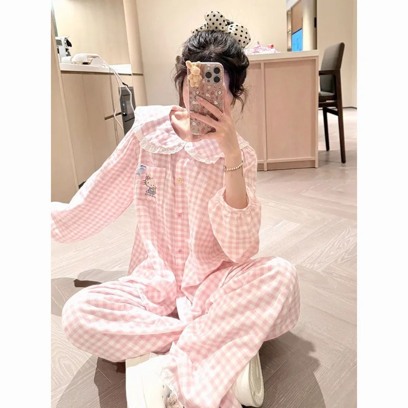 

Sanrio Girl Long Sleeve 2Pcs Hello Kitty Student Korean Version Baby Collar Pajamas Cartoon Spring and Autumn Home Clothing Set