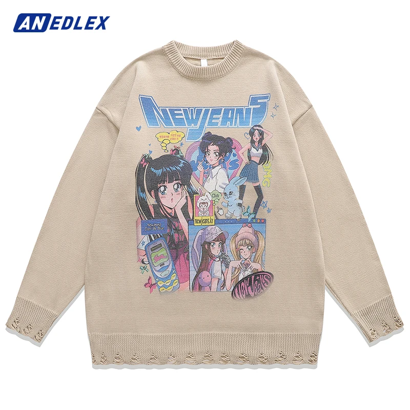 Sweater rajutan uniseks, musim gugur musim dingin Anime gadis cetak Sweater rajut pria Streetwear katun Harajuku longgar hitam abu-abu aprikot Pullover uniseks