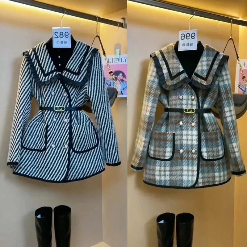 Double-Breasted Small Fragrance Woolen Coat Women 2023 Winter New Niche Explosions Retro Age-Reducing Plaid Woolen Jacket Tide