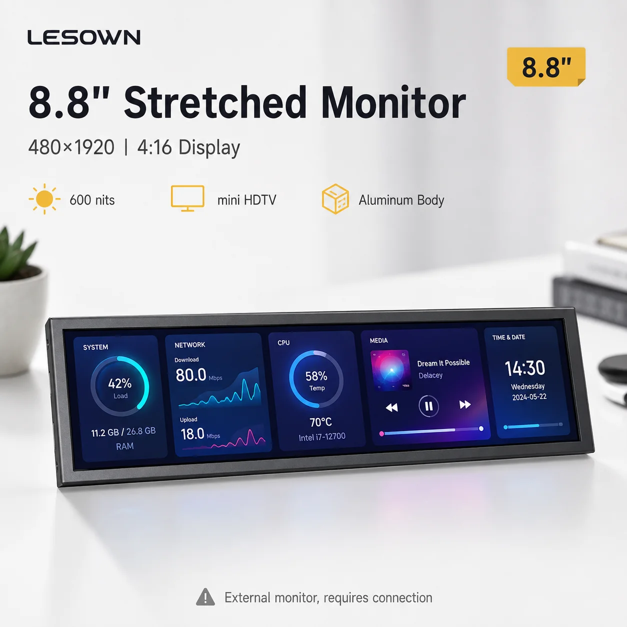 LESOWN 8.8" 480x1920 Bar LCD Matrix Module No Driver Needed Mini HDTV Power Screen with M2.5 Mounting Holes for RPi