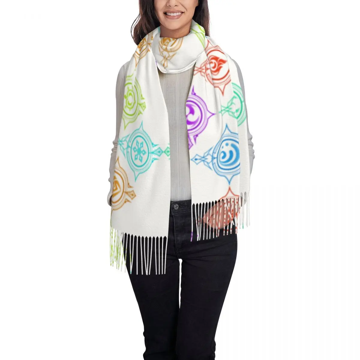 Custom G-Genshin Impact Scarf Women Luxury Winter Fall Wrap Shawl Elements of World Tassel Wraps