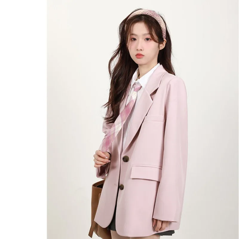 Insozkdg Gentle Pink Women's Suit Blazer Spring Autumn Temperament Korean Style Loose Casual Solid Single-breasted Suit Jacket