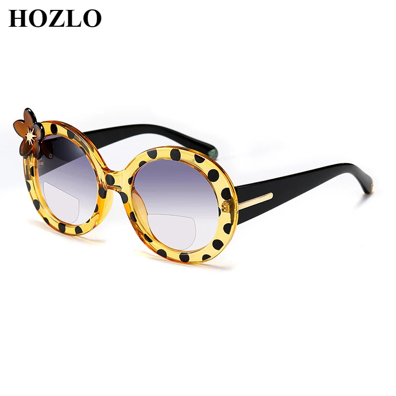 

Fashion Vintage Women Flower Polka Dot Round Frame Bifocals Reading Sunglasses Look Near Far Presbyopia Glasses Mother's Gift