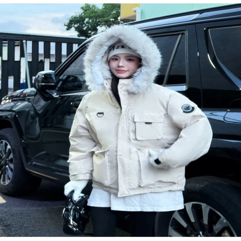 

Спецодежда, пуховая хлопковая куртка, женская зимняя новая уличная хлопковая куртка с большим шерстяным воротником, дизайнерское утолщенное теплое пальто с карманами