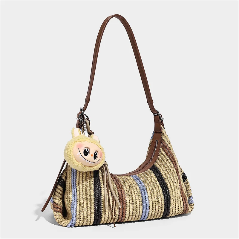 New Beach Straw Hobos Bags For Women,Luxury Designer Casual Underarm Handbag Grass Striped Pattern Leisure Holiday Shoulder Bag