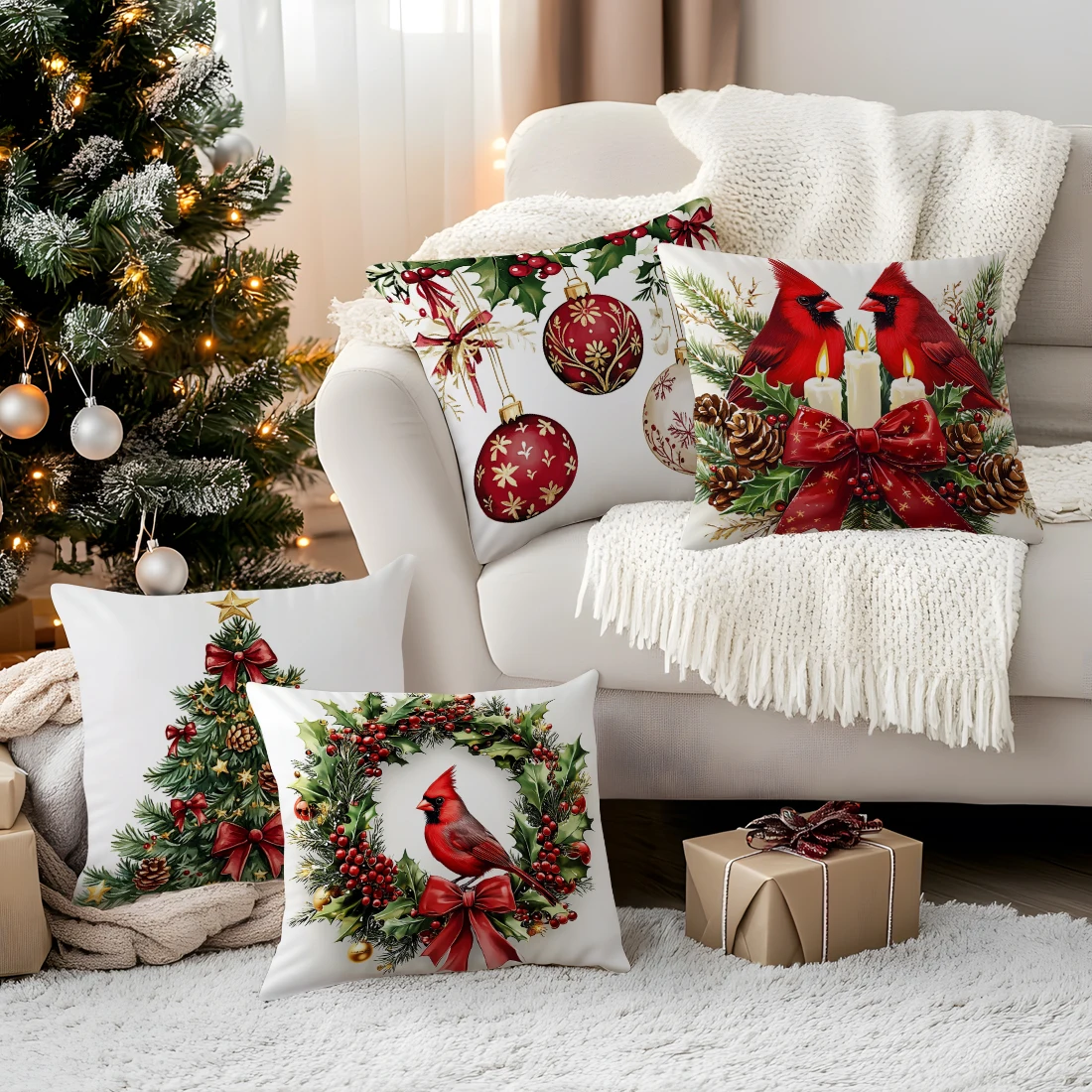 Christmas Tree Cardinal Pillowcase Printed Polyester 45x45cm Throw Pillowcover Decorative Sofa Cushion Pillowslip Home Decor