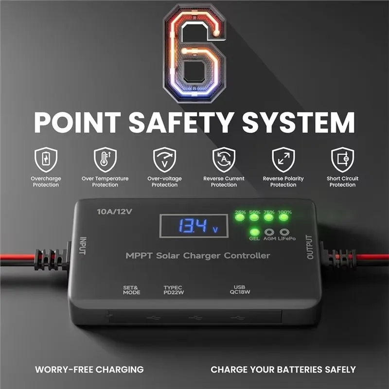 MPPT Solar Charge Controller 12V 10A, Solar Panel Charge Controller With Type-C and USB Output For AGM, Lifepo₄ Battery view 5