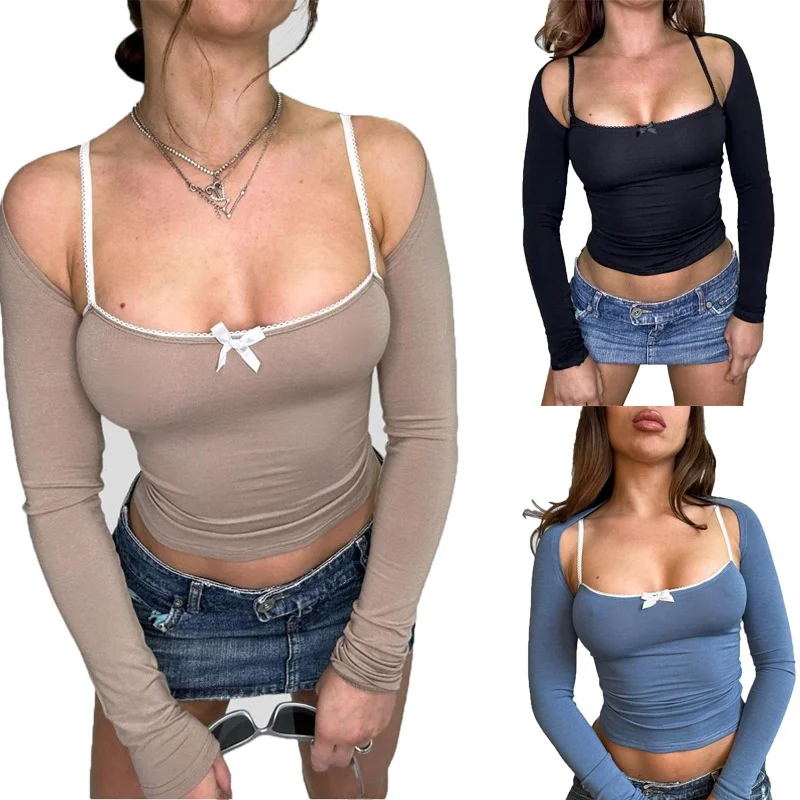 

Sexy Sle 3D Effect Tirt Lace Color Susp Women's Clothing Cotton Long Sve Breathable Ciwalk Faion for Girls