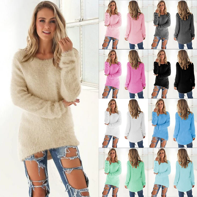 Women's Fashion Solid Color Long Sleeve Plush Pullover Sweater Casual Round Neck Thin Long Sweater Women's Pants Sweater