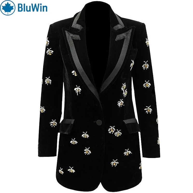 

BluWin Black Velvet Blazer – Bee Embellishment and Satin Trim for a Bold, Luxurious Look