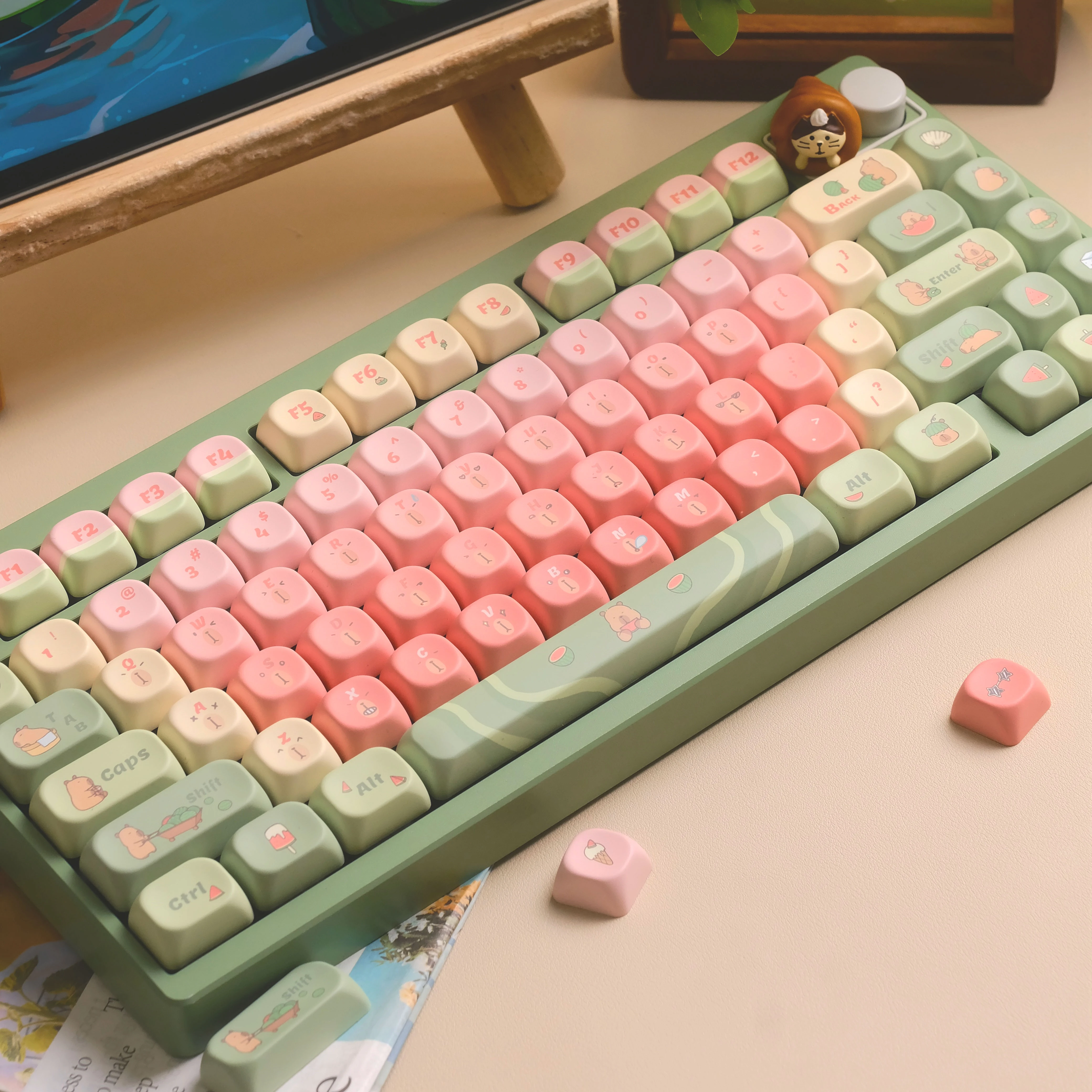 Imagem -04 - Capivara Melancia Keycap Rosa Verde Verão Cute Cherry Qx3 Teclado Mecânico Interruptor mx Faça Você Mesmo Pbt Gradient Keycap 134 Chaves