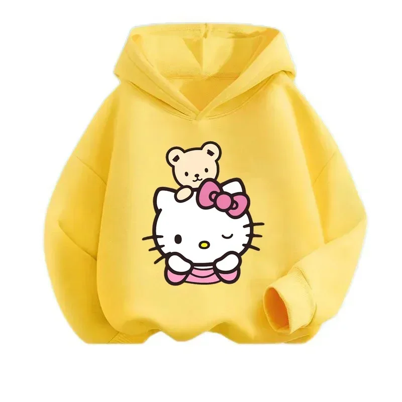 Simpatici vestiti per bambini Hello Kitty per l'autunno e l'inverno all'aperto Moda di strada Pullover caldi Vestiti per ragazzi e ragazze Felpe con cappuccio calde
