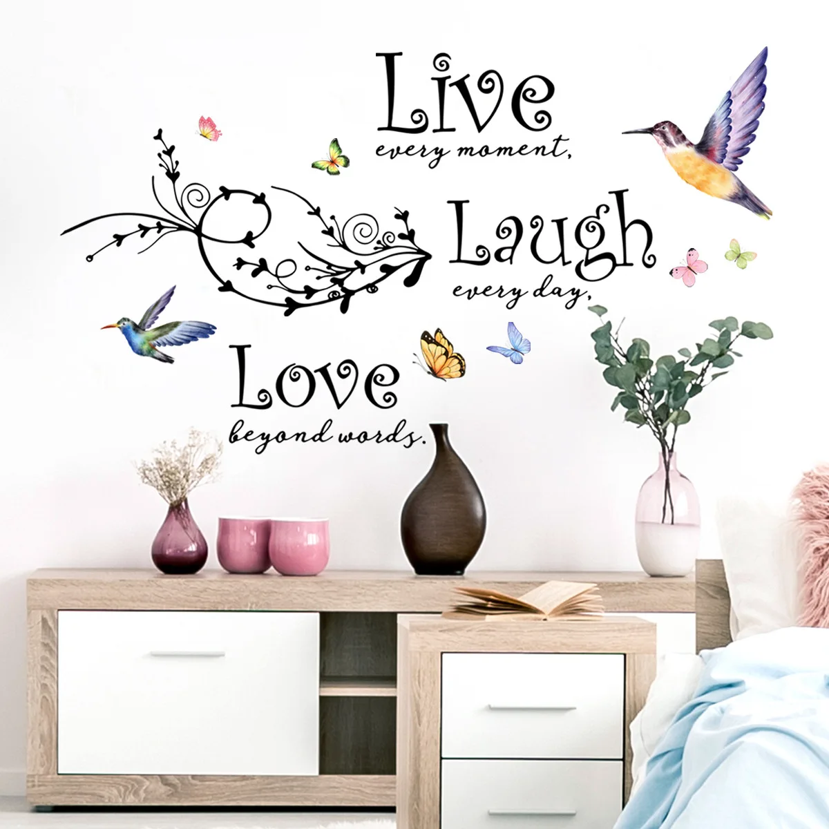 

2pcs English Live Branch Bird Cartoon Wall Sticker Children's Living Room Bedroom Study Restaurant Decoration Mural Wall Sticker