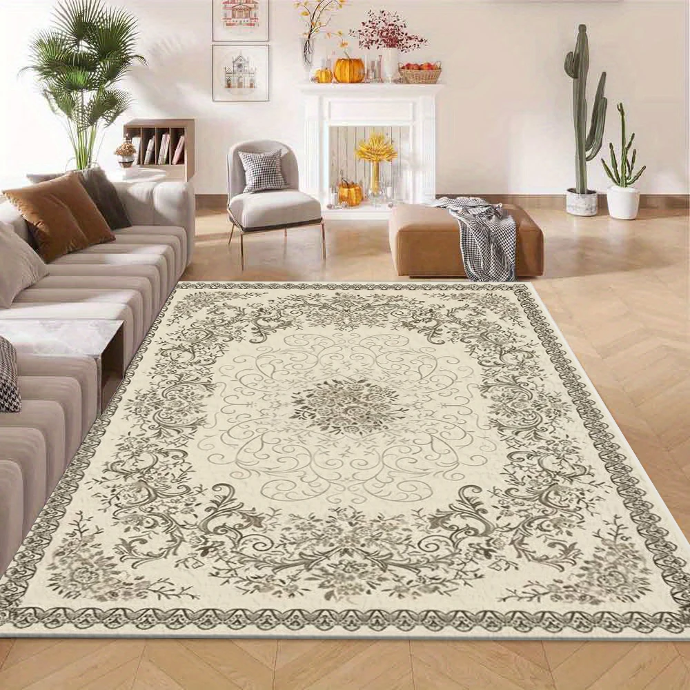 Vintage European Floral Area Rug Cream Base Grey Ornate Scroll Border Floor Carpet for Living Room Bedroom Office Home Decor