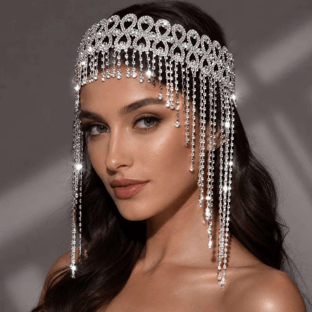 

Fashion Long Tassel Rhinestone Headdress Luxury Shiny Sparkling Tiara Headdress Hollowed Handmade Bridal Headpiece Party Props