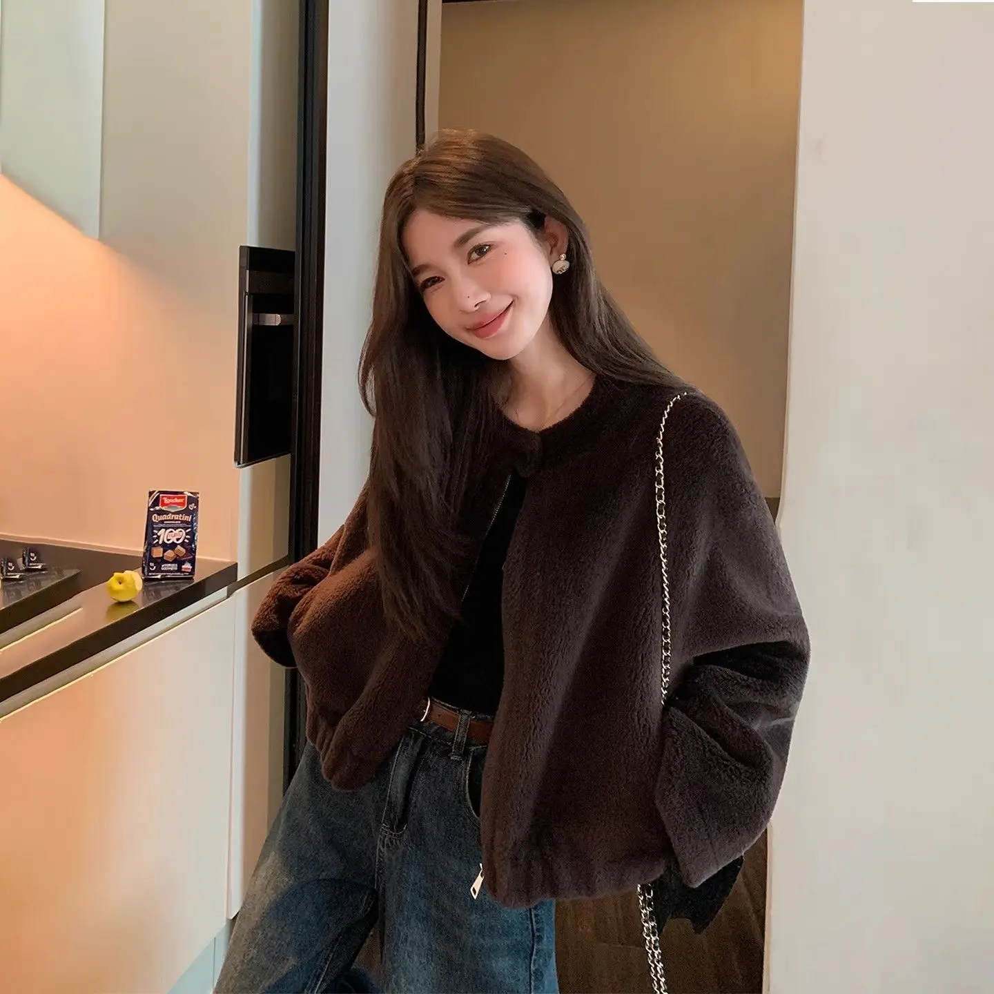 Bomber Jackets Womens Jacket Emblems Winter Plush Lining Snap-Button Double-Breasted Patchwork Insulated Adventure Hiking Simple