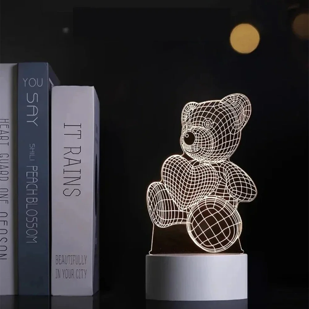 Teddy Bear Night Light, Warm White USB Powered 3D Illusion Acrylic Panel, for Bedroom Desk Nightstand Xmas Holiday Gift Decor