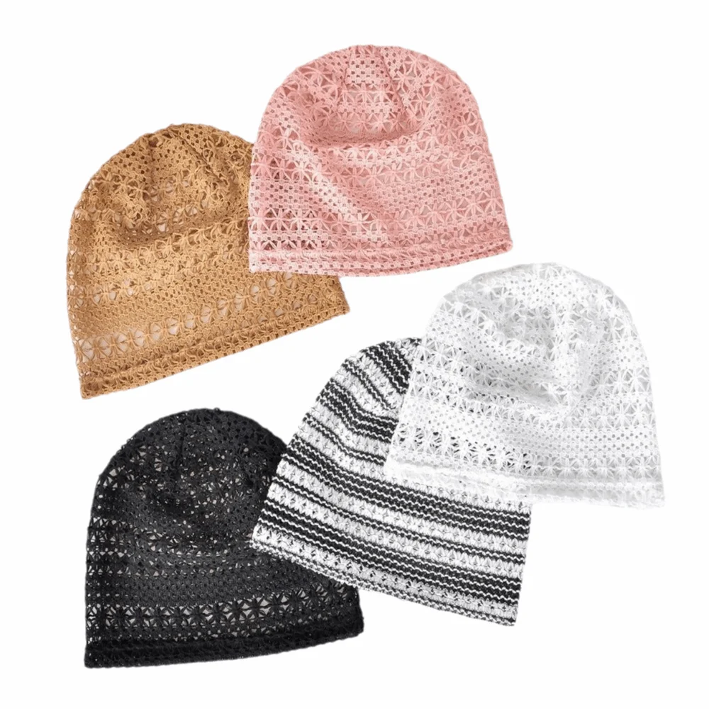Elegant Lace Breathable Hollowed Hat Elastic Fit Soft Openwork Knit Hat Lightweight Polyester Brimless Hat Vacation