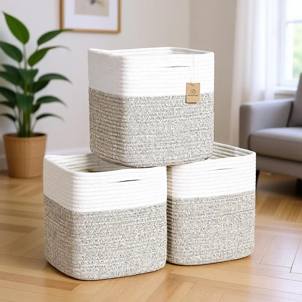 

Набор из 3 плетеных корзин из хлопковой веревки, 11 дюймов | Органайзеры-кубы для хранения вещей для дома, класса, детской комнаты и многого другого