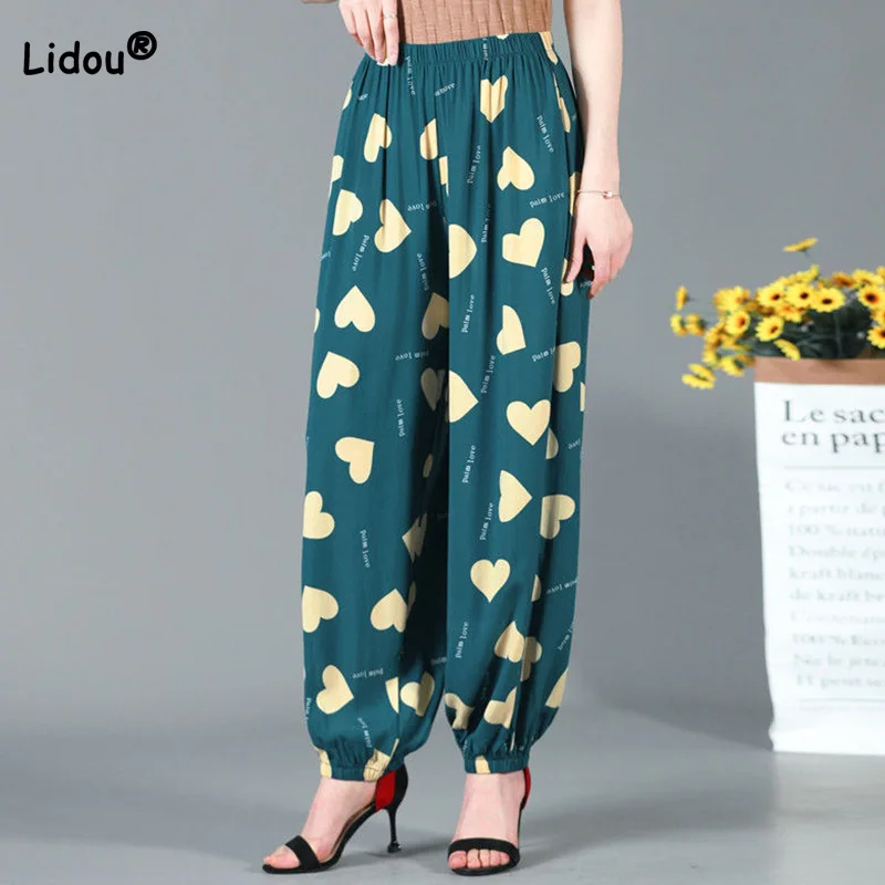 

Literature and Art Vintage Elastic Waist Multi-element Print Trousers Spring Summer Splicing Pockets Cotton Silk Bloomers Pants