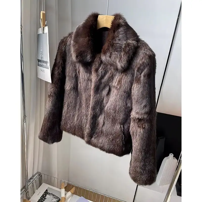 

Цельное пальто кофейного цвета с мехом, короткое женское пальто с воротником-стойкой, зимняя одежда 202, пальто из искусственного кроличьего меха, женская одежда