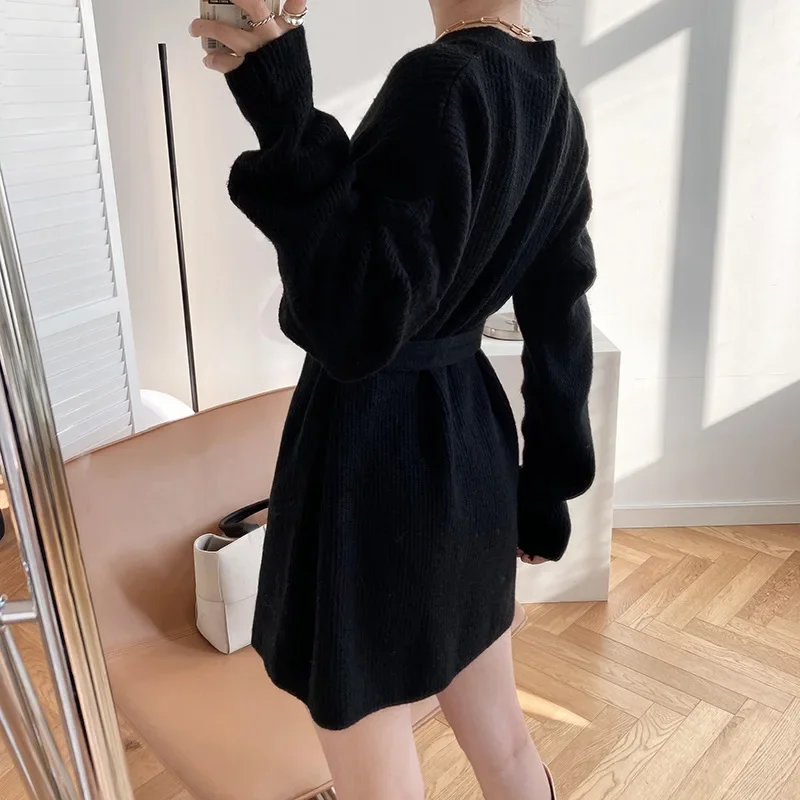 Women\'s Long Sweater Dress with Blet Thick O Neck Knitted Pullovers Lady Korea Fashion Oversize Sweater Women Autumn Winter