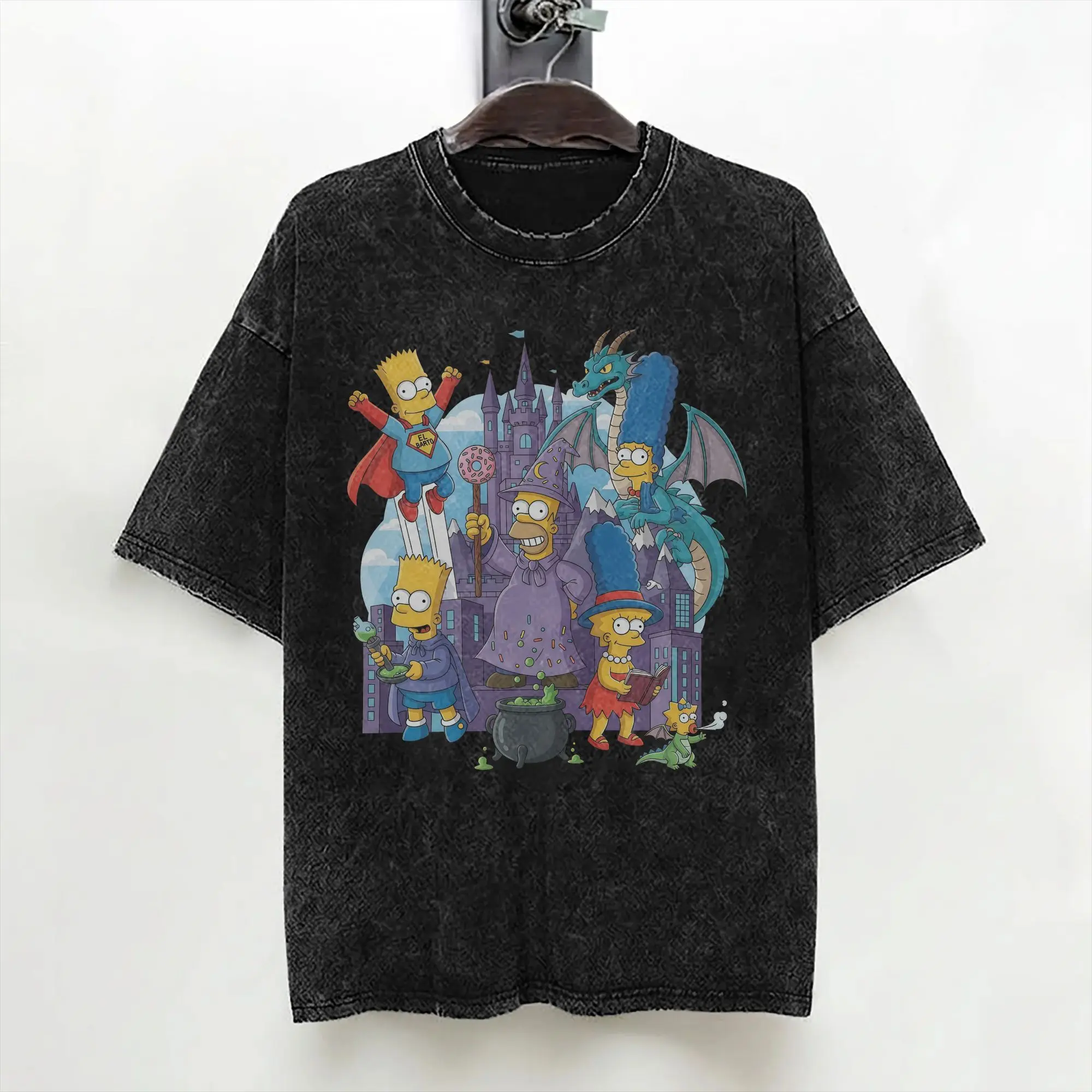 Cartoon S-Simpsons Halloween T Shirt Washed Short Sleeve Harajuku T-Shirts  Vintage for Men Women Streetwear Printed Tee Shirt