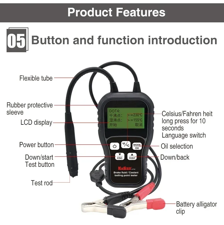 Brake Fluid Tester DOT3 DOT4 DOT5.1 With 3.5" Backlit Display Audible Alarm For Various Brake Fluid Model