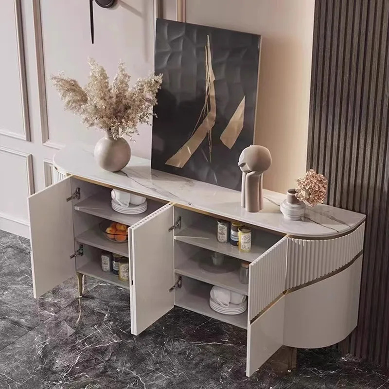 Customizable luxury foyer storage unit with a minimalist gold design, perfect for villa living room spaces.