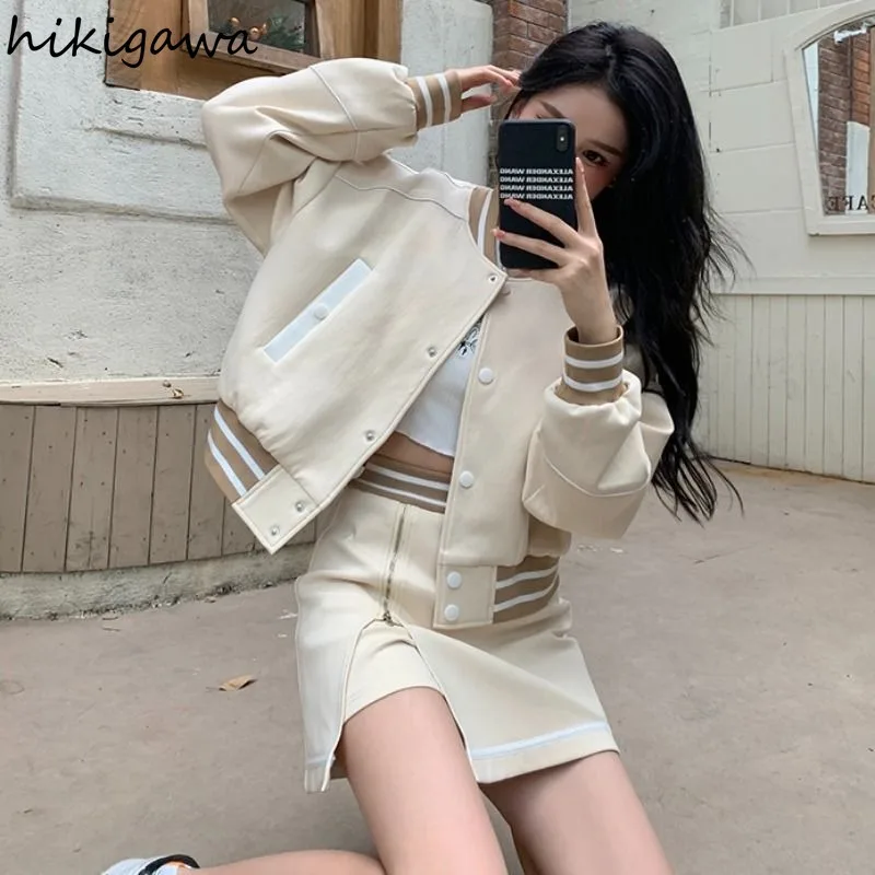 Streetwear Skirt Outfits Fashion Korean Two Piece Sets Women Clothing O-neck Long Sleeve Crop Coat Bodycon Mini Skirts Y2k Suit