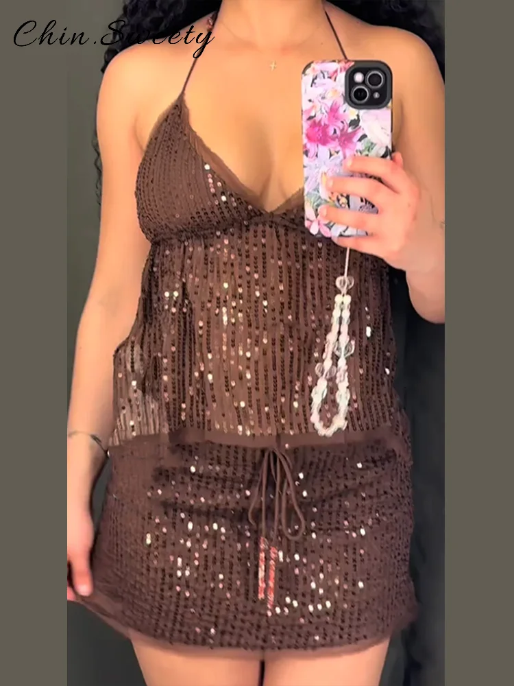 Sexy Halter Sequined Lace Up Skirt Set Women Solid V-neck Sleeveless Backless Tops A-line Mini Skirts 2025 Summer Lady Chic Suit